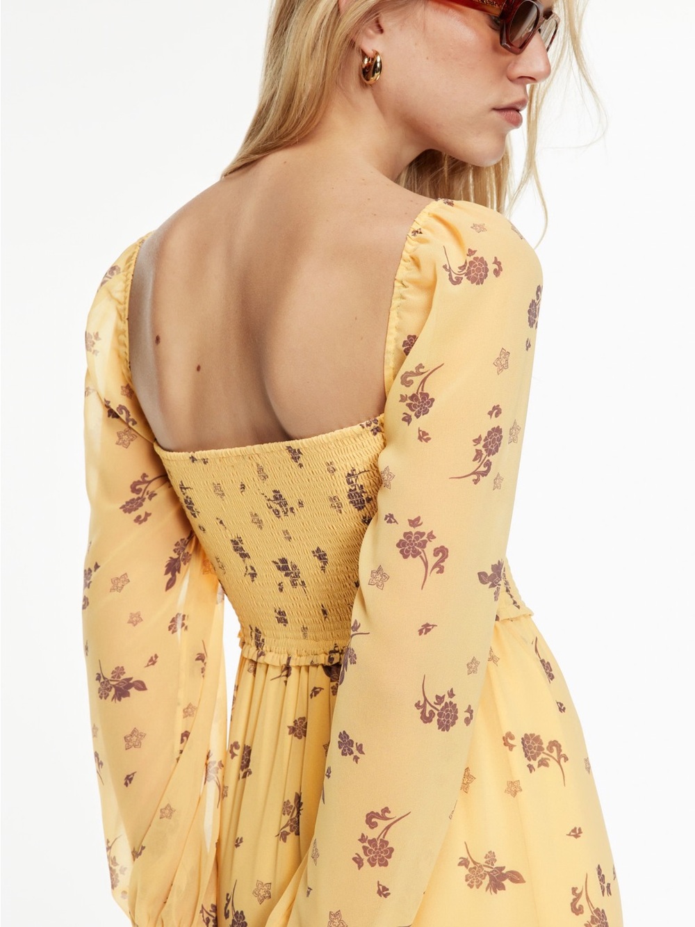 Aritzia Yellow Floral Smocked Square-Neck Mini Dress - Picture 2 of 5